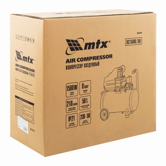 Компрессор воздушный DC1500L/50, 1,5 кВт, 50 л, 210 л/мин MTX 58004 Компрессор воздушный DC1500L/50, 1,5 кВт, 50 л, 210 л/мин MTX 58004