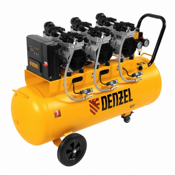 Компрессор безмасляный, малошумный  DLS 2250/100, 2250 Вт, 3x750, 100 л, 410 л/мин блок управления/ Denzel 58029