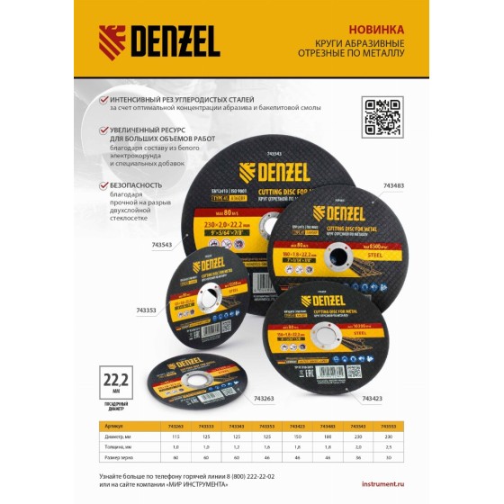 Круг отрезной по металлу, 115 х 1,0 х 22,2 мм, A60QBF Denzel 743263