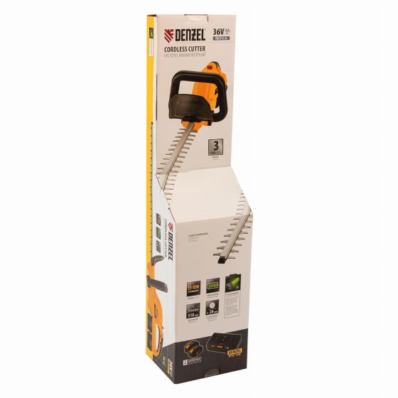 Кусторез аккумуляторный RBC510-36, Li-ion, 36 В, 4 Ач, нож 510 мм, поворотная ручка Denzel 59410 Кусторез аккумуляторный RBC510-36, Li-ion, 36 В, 4 Ач, нож 510 мм, поворотная ручка Denzel 59410