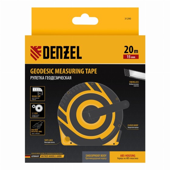 Рулетка геодезическая 20 м х 15 мм, закрытый корпус, фиберглассовая лента Denzel 31290 Рулетка геодезическая 20 м х 15 мм, закрытый корпус, фиберглассовая лента Denzel 31290