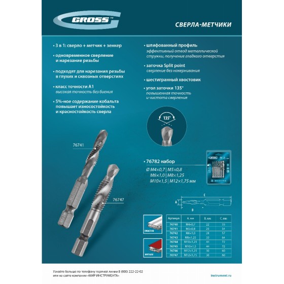 Сверло-метчик М6 х 1,0 мм, Co5%// Gross 76742 Сверло-метчик М6 х 1,0 мм, Co5%// Gross 76742