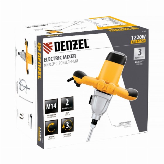 Миксер строительный EM-1-1220, 1220 Вт, 0-480/0-800 об/мин Denzel 27903 Миксер строительный EM-1-1220, 1220 Вт, 0-480/0-800 об/мин Denzel 27903