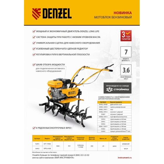 Мотоблок DPT-270SB, 7 л.с., ремен.сцеп, фрез 3х4, ШОМ, без колес, передачи 2В/1Н Denzel 56452 Мотоблок DPT-270SB, 7 л.с., ремен.сцеп, фрез 3х4, ШОМ, без колес, передачи 2В/1Н Denzel 56452