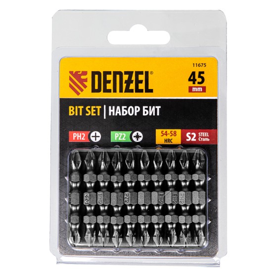 Бита двухсторонняя, PH2-PZ2 х 45 мм, сталь S2, 10 шт. Denzel 11675 Бита двухсторонняя, PH2-PZ2 х 45 мм, сталь S2, 10 шт. Denzel 11675