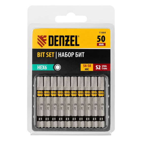 Бита HEX 6х50, сталь S2, шестигранный профиль, 10 шт. Е 6,3 Denzel 11664 Бита HEX 6х50, сталь S2, шестигранный профиль, 10 шт. Е 6,3 Denzel 11664