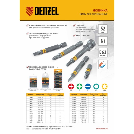 Бита PH1х25, сталь S2, шестигранный профиль, 10 шт. Е 6,3 Denzel 11651