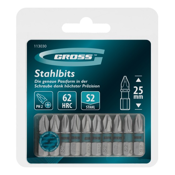 Бита PH2х25мм, сталь S2, шестигр., 10 шт. Gross 113030