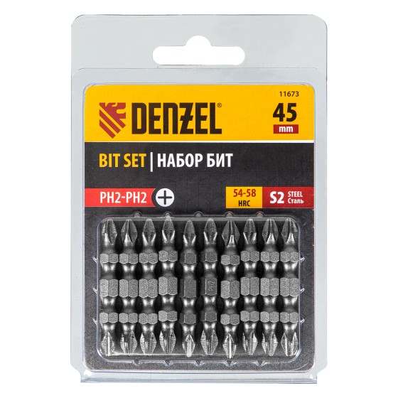 Бита двухсторонняя, PH2-PH2 х 45 мм, сталь S2, 10 шт. Denzel 11673 Бита двухсторонняя, PH2-PH2 х 45 мм, сталь S2, 10 шт. Denzel 11673