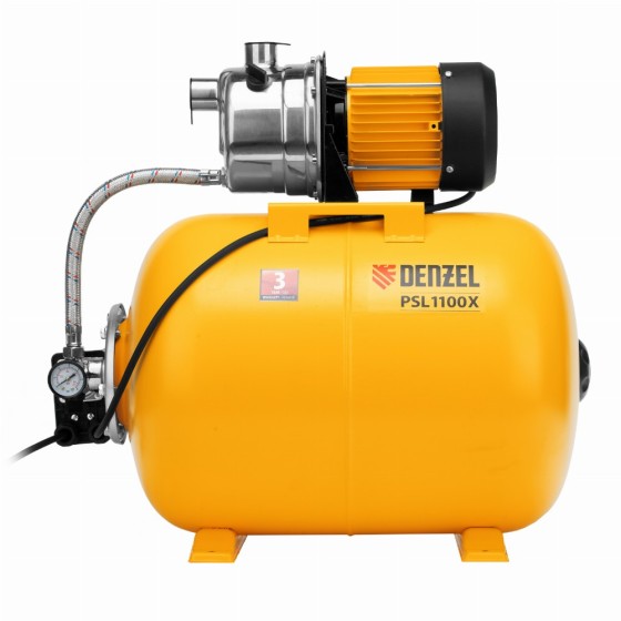 Насосная станция PSL1100X, 1100 Вт, 3600 л/ч, ресивер 50 л, подъем 45 м, нержавейка Denzel 97311