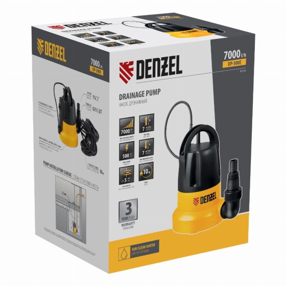 Дренажный насос DP-500E, 500 Вт, подъем 7 м, 7000 л/ч Denzel 97218 Дренажный насос DP-500E, 500 Вт, подъем 7 м, 7000 л/ч Denzel 97218