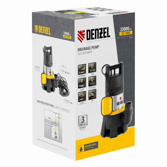 Дренажный насос DP-1400X, 1400 Вт, подъем 11 м, 25000 л/ч Denzel 97228 Дренажный насос DP-1400X, 1400 Вт, подъем 11 м, 25000 л/ч Denzel 97228