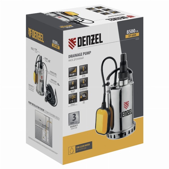 Дренажный насос DP-600X, 600 Вт, подъем 7,5 м, 8500 л/ч Denzel 97220 Дренажный насос DP-600X, 600 Вт, подъем 7,5 м, 8500 л/ч Denzel 97220