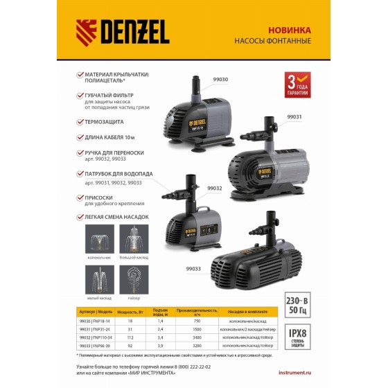 Насос фонтанный FNP18-14, 18 Вт, подъем 1,4 м, 750 л/ч, колокольчик/каскад Denzel 99030 Насос фонтанный FNP18-14, 18 Вт, подъем 1,4 м, 750 л/ч, колокольчик/каскад Denzel 99030