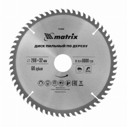 Пильный диск по дереву, 200 х 32 мм, 60 зубьев, кольцо 30/32 Matrix Professional 73264
