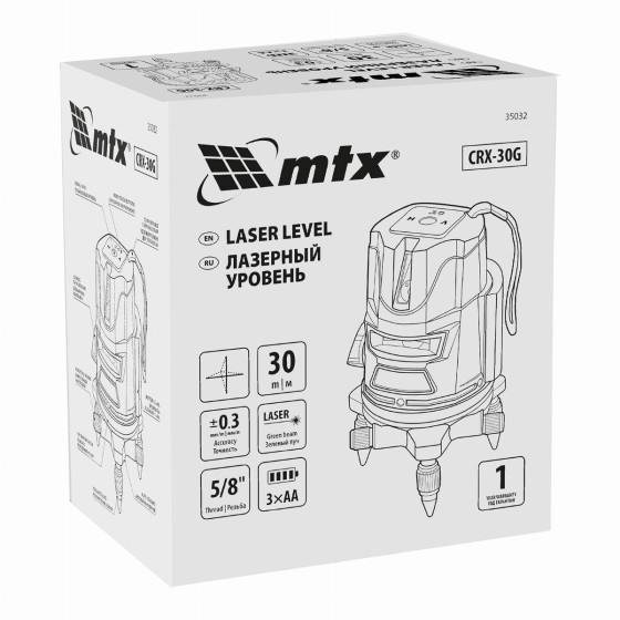 Лазерный уровень CRX-30G, 30 м, зеленый луч, батарейки, резьба 5/8