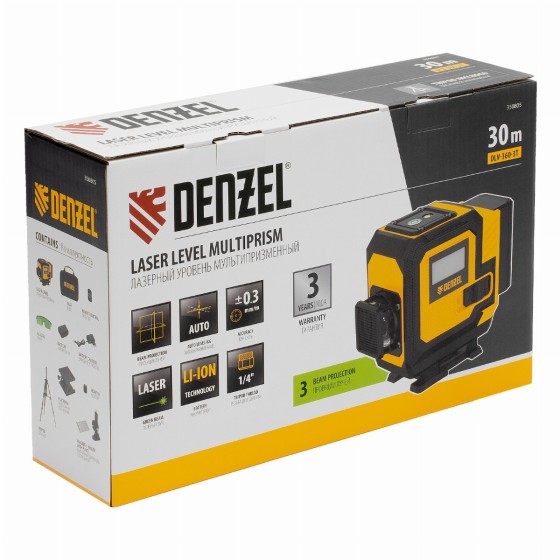 Лазерный уровень мультипризменный DLV-360-3T, 30 м, зеленый луч, Li-Ion 2,4 Aч, штатив // Denzel 350805 Лазерный уровень мультипризменный DLV-360-3T, 30 м, зеленый луч, Li-Ion 2,4 Aч, штатив // Denzel 350805