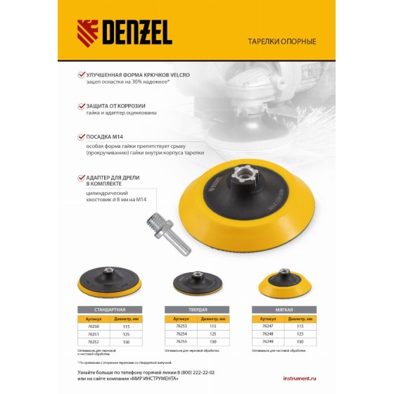 Тарелка опорная для дрели и УШМ с липучкой, 125 мм, стандартная, с адаптером c М14 на d8 Denzel 76251