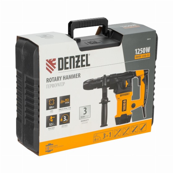 Перфоратор электрический RHVB-1250-32, SDS-plus, 1250 Вт, 5,5 Дж, 4 реж. Denzel 26614 Перфоратор электрический RHVB-1250-32, SDS-plus, 1250 Вт, 5,5 Дж, 4 реж. Denzel 26614