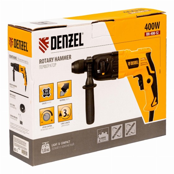 Перфоратор электрический RH-400-12, SDS-plus, 400 Вт, 1.2 Дж, 2 режима Denzel 26601 Перфоратор электрический RH-400-12, SDS-plus, 400 Вт, 1.2 Дж, 2 режима Denzel 26601