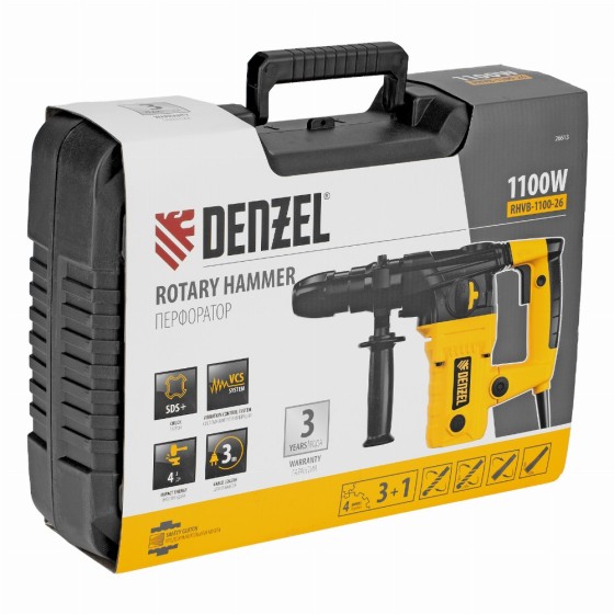 Перфоратор электрический RHVB-1100-26, SDS-plus, 1100 Вт, 4 Дж, 4 реж. Denzel 26613 Перфоратор электрический RHVB-1100-26, SDS-plus, 1100 Вт, 4 Дж, 4 реж. Denzel 26613