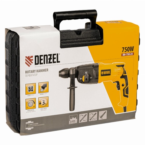 Перфоратор электрический RH-750-24, SDS-plus, 750 Вт, 2.5 Дж, 3 режима Denzel 26605 Перфоратор электрический RH-750-24, SDS-plus, 750 Вт, 2.5 Дж, 3 режима Denzel 26605