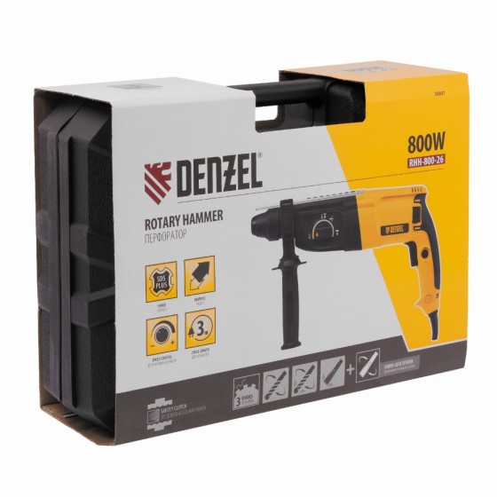 Перфоратор электрический RHH-800-26, SDS-plus, 800 Вт, 3 Дж, 3 плюс 1 реж. Denzel 26607 Перфоратор электрический RHH-800-26, SDS-plus, 800 Вт, 3 Дж, 3 плюс 1 реж. Denzel 26607