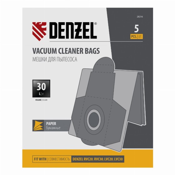 Комплект мешков одноразовых для пылесосов Denzel RVC20, RVC30, LVC20, LVC30, 5 шт. Denzel 28216 Комплект мешков одноразовых для пылесосов Denzel RVC20, RVC30, LVC20, LVC30, 5 шт. Denzel 28216