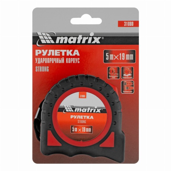 Рулетка Strong,5 м х 19 мм,обрезиненный корпус Matrix 31080 Рулетка Strong,5 м х 19 мм,обрезиненный корпус Matrix 31080