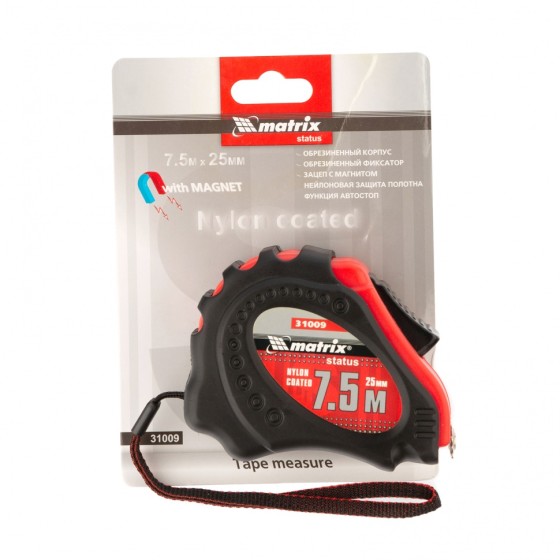 Рулетка Status autostop Magnet+,7,5 м х 25 мм,обрезиненная,Нейлоновое покрытие Matrix 31009 Рулетка Status autostop Magnet+,7,5 м х 25 мм,обрезиненная,Нейлоновое покрытие Matrix 31009