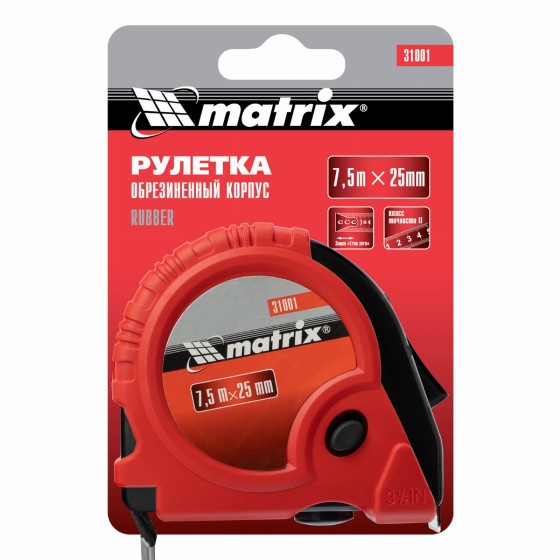 Рулетка Rubber,7,5 м х 25 мм,обрезиненный корпус Matrix 31001 Рулетка Rubber,7,5 м х 25 мм,обрезиненный корпус Matrix 31001