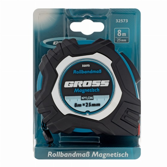 Рулетка Magnetisch 8 м х 25 мм,обрезиненный корпус,автоматическая фиксация,Нейлоновое покрытиеытие,зацеп с магнитом Gross 32573