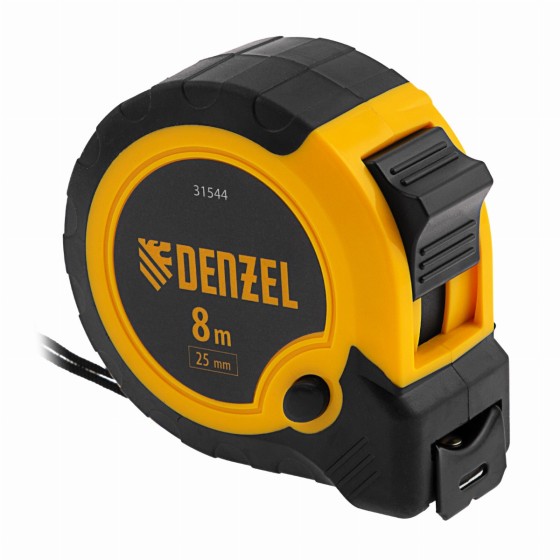 Рулетка 8м х 25мм, двухкомп. корпус, кнопка-пауза Denzel 31544 Рулетка 8м х 25мм, двухкомп. корпус, кнопка-пауза Denzel 31544