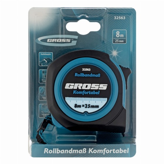 Рулетка Komfortabel 8 м х 25 мм,обрезиненный корпус Gross 32563