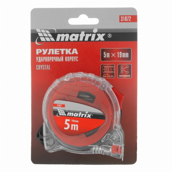 Рулетка Crystal,5 м х 19 мм,корпус из поликарбоната Matrix 31072 Рулетка Crystal,5 м х 19 мм,корпус из поликарбоната Matrix 31072