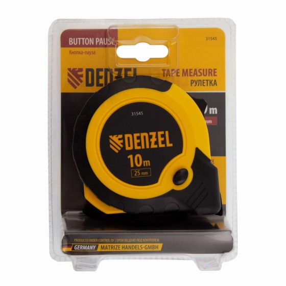 Рулетка 10м х 25мм, двухкомп. корпус, кнопка-пауза Denzel 31545 Рулетка 10м х 25мм, двухкомп. корпус, кнопка-пауза Denzel 31545
