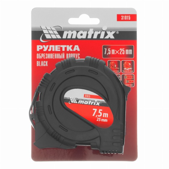 Рулетка Black,7,5 м х 25 мм,обрезиненный корпус Matrix 31015