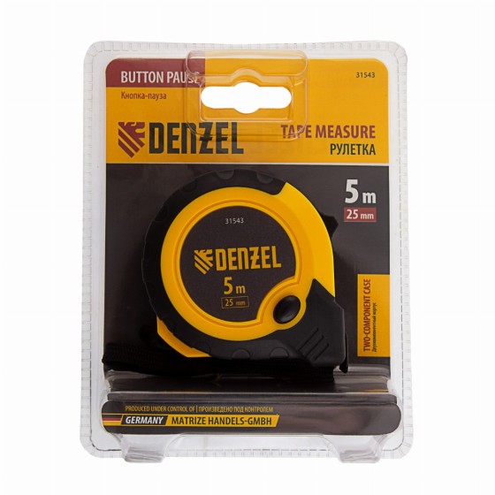Рулетка 5м х 25мм, двухкомп. корпус, кнопка-пауза Denzel 31543 Рулетка 5м х 25мм, двухкомп. корпус, кнопка-пауза Denzel 31543