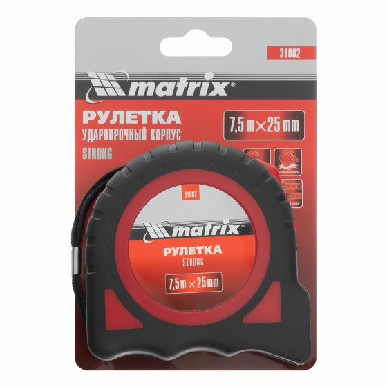 Рулетка Strong,7,5 м х 25 мм,обрезиненный корпус Matrix 31082 Рулетка Strong,7,5 м х 25 мм,обрезиненный корпус Matrix 31082