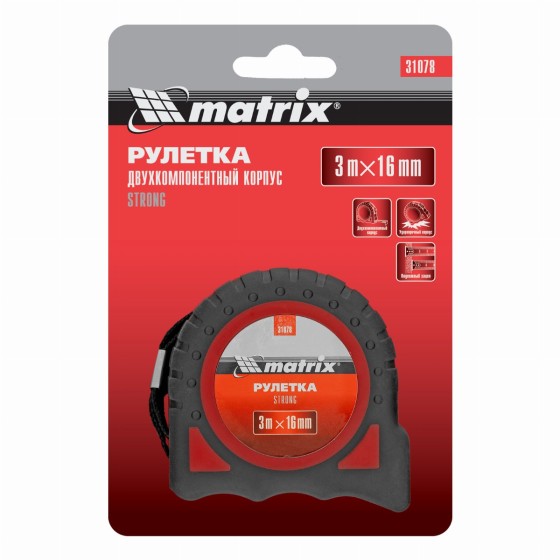 Рулетка Strong,3 м х 16 мм,обрезиненный корпус Matrix 31078 Рулетка Strong,3 м х 16 мм,обрезиненный корпус Matrix 31078