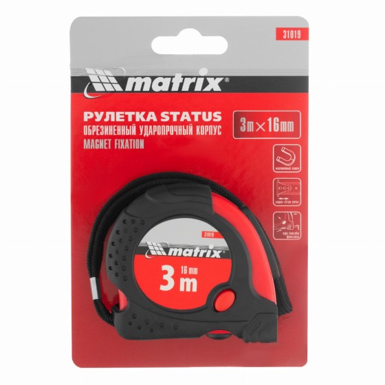 Рулетка Status Magnet fixation,3 м х 16 мм,обрезиненный корпус,зацеп с магнитом Matrix 31019 Рулетка Status Magnet fixation,3 м х 16 мм,обрезиненный корпус,зацеп с магнитом Matrix 31019