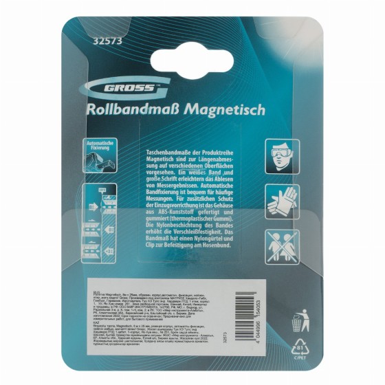 Рулетка Magnetisch 8 м х 25 мм,обрезиненный корпус,автоматическая фиксация,Нейлоновое покрытиеытие,зацеп с магнитом Gross 32573