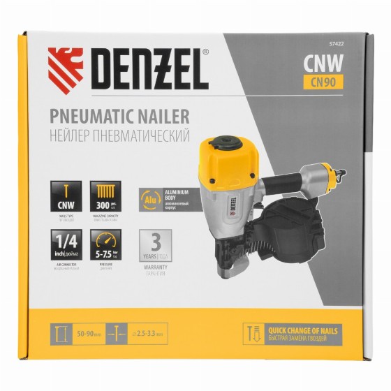 Нейлер пневматический CN90 для гвоздей CNW от 50 до 90 мм// Denzel 57422