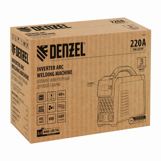 Аппарат инвертор. дуговой сварки SDM-220 Top, 220 А, ПВ 60% Denzel 94357 Аппарат инвертор. дуговой сварки SDM-220 Top, 220 А, ПВ 60% Denzel 94357