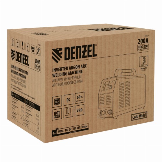 Аппарат инвертор. аргонодуговой сварки ITIG-200 DС Pulse Cold Weld, 200 А, ПВ 60% Denzel 94329