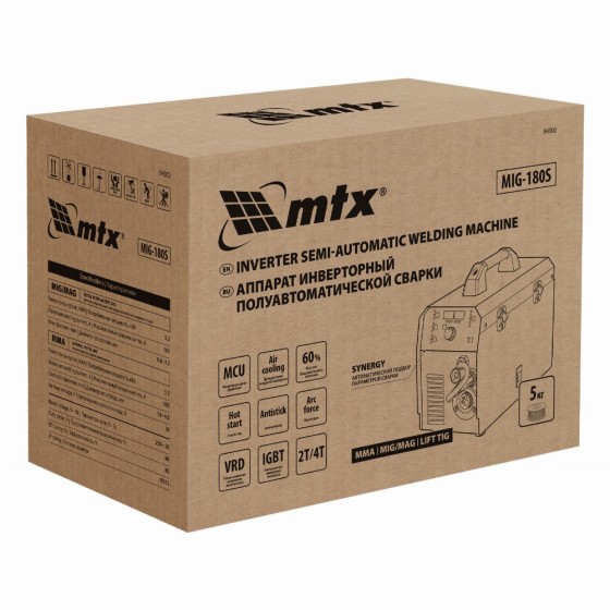 Аппарат инвертор. полуавтомат. cварки MIG-180S, 180A, ПВ 60%, катушка 5 кг MTX 94302