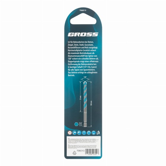Сверло универсальное, Multipurpose PRO, 6-гр. хвостовик, 8мм Gross 706013