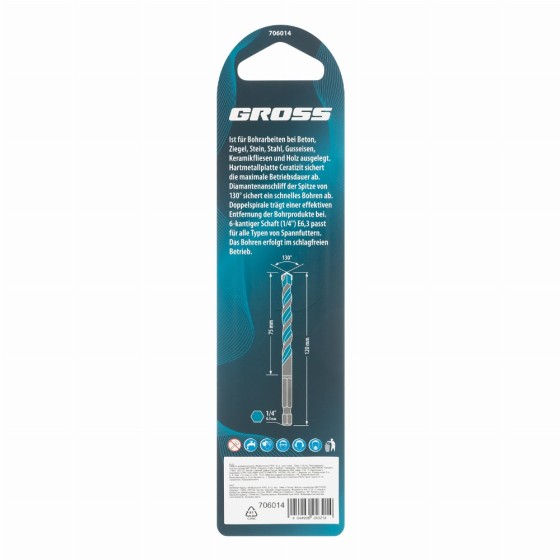 Сверло универсальное, Multipurpose PRO, 6-гр. хвостовик, 10мм Gross 706014