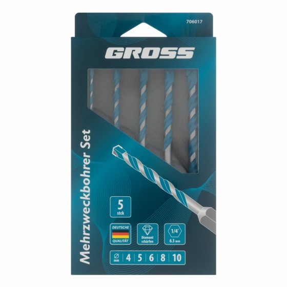 Набор сверл универсальных, Multipurpose PRO, 6-гр. хвостовик, 4-10мм, 5шт Gross 706017 Набор сверл универсальных, Multipurpose PRO, 6-гр. хвостовик, 4-10мм, 5шт Gross 706017