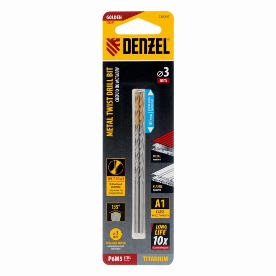 Сверло спиральное по металлу 3 х 100 мм, Р6М5, Golden Tip, удлиненное, 2шт. Denzel 718247 Сверло спиральное по металлу 3 х 100 мм, Р6М5, Golden Tip, удлиненное, 2шт. Denzel 718247